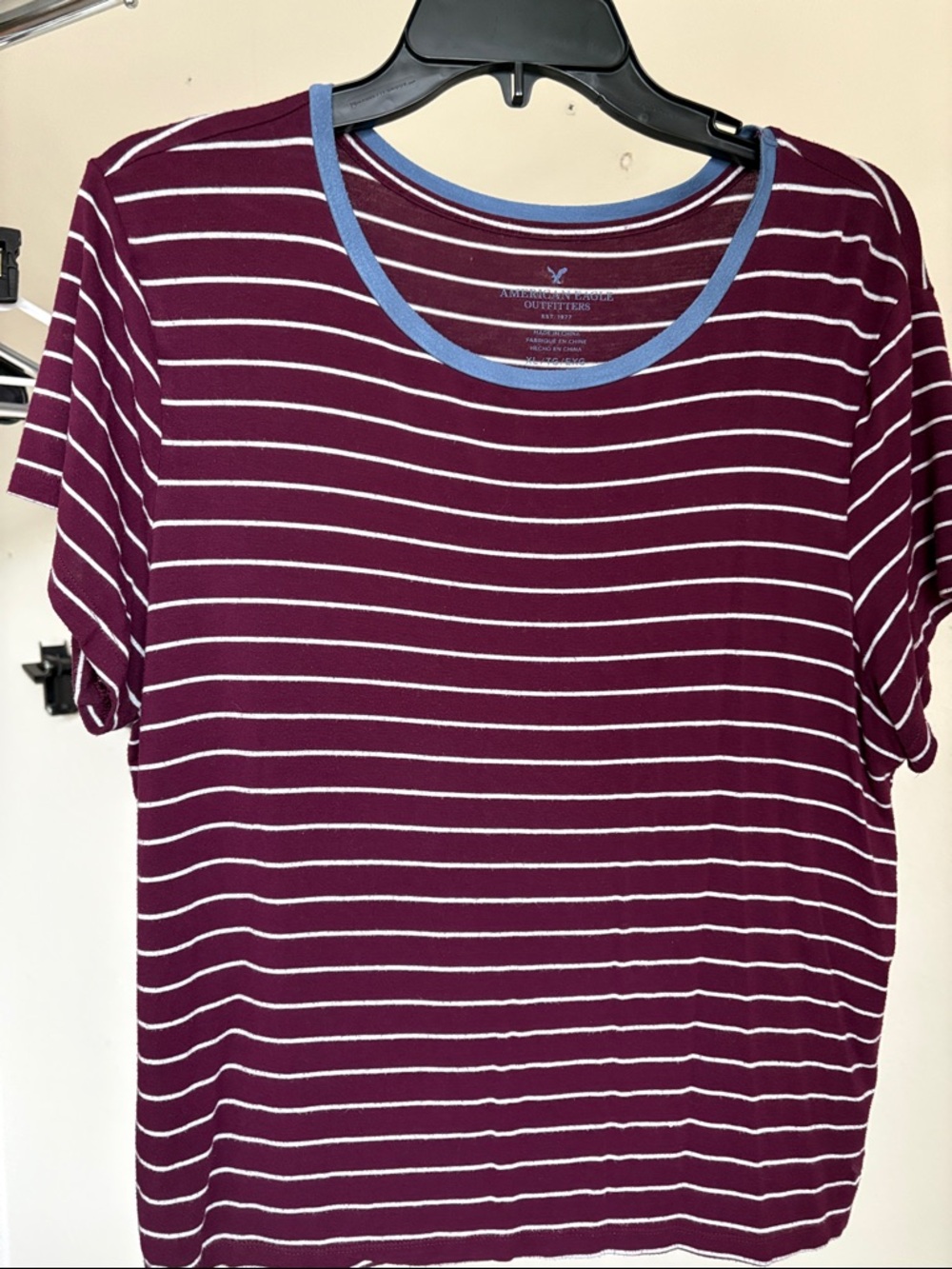 American Eagle Outfitters Burgundy and White Striped Tee with Blue Trim